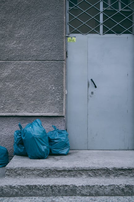 The image depicts a small collection of four blue rubbish bags placed on a concrete step in front of a grey metal door with a black handle, situated next to a textured concrete wall. The wall features a rough, unpainted surface with some visible patches and minor staining, while the smooth metal door appears to be part of a utilitarian building, possibly related to waste management or storage. Above the door, there is a metal security grille with a diamond pattern, allowing visibility of a green-tinted window behind it. The overall scene is set outdoors, with natural daylight illuminating the area, emphasizing the contrast between the grey tones of the building materials and the bright blue of the rubbish bags. Waste Clearance Bow services may be involved in the collection or disposal of such waste, highlighting their role in alternative approaches to rubbish removal and private waste handling for local properties or commercial premises in the area.